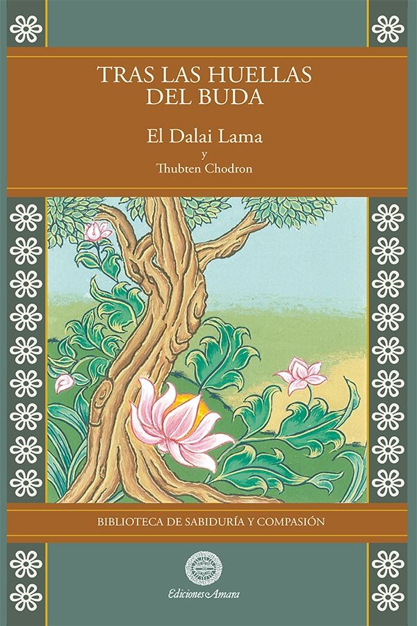 Portada del libro de budismo Tras las huellas del Buda. Escrito por el Dalai Lam y Thubten Chodron. Es el cuarto Volumen de la colección Biblioteca de sabiduría y compasión.
