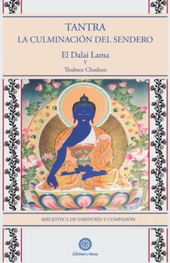 Portada del libro budista Tantra, la culminación del sendero. Hay un Buda en un trono en el centro de la imagen